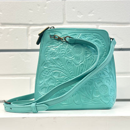 Margarita Hand-Tooled Leather Crossbody - Seafoam Aqua