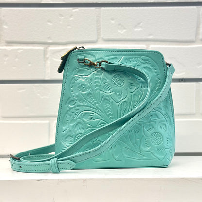 Margarita Hand-Tooled Leather Crossbody - Seafoam Aqua Crossbodies Hide and Chic