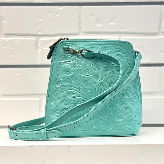 Margarita Hand-Tooled Leather Crossbody - Seafoam Aqua Crossbodies Hide and Chic