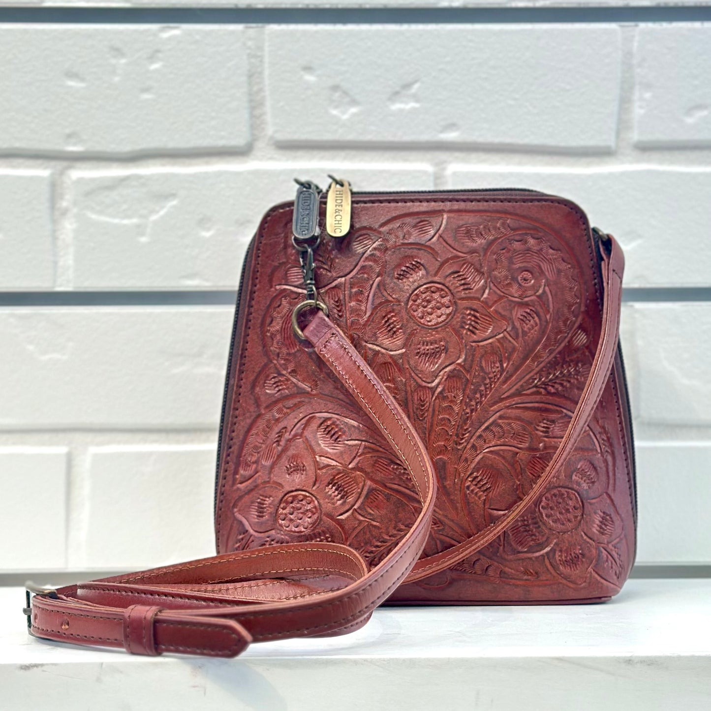 Margarita Hand-Tooled Leather Crossbody - Camel