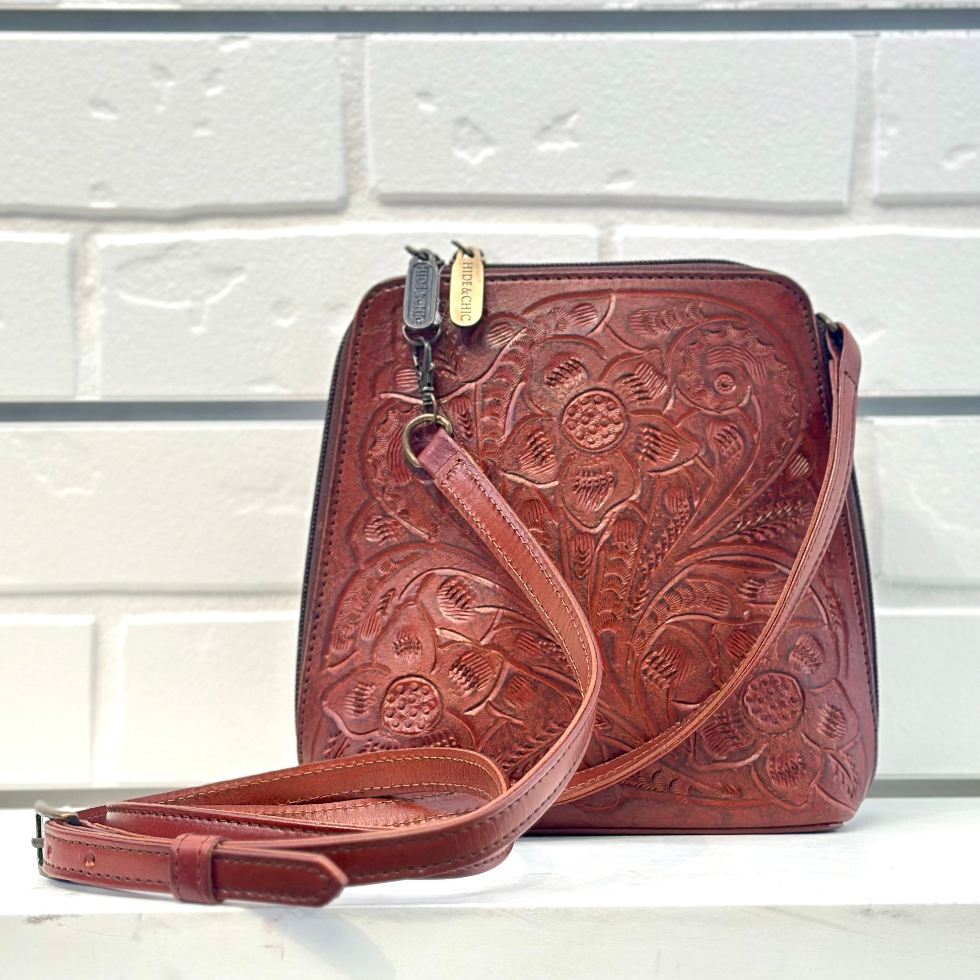 Margarita Hand-Tooled Leather Crossbody - Camel Crossbodies Hide and Chic