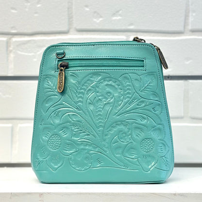 Margarita Hand-Tooled Leather Crossbody - Seafoam Aqua
