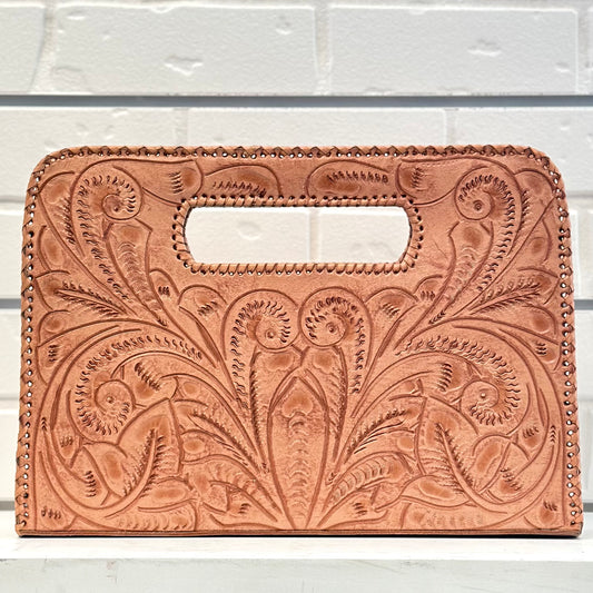 Catalina Hand-Tooled Leather Clutch - Antique Natural