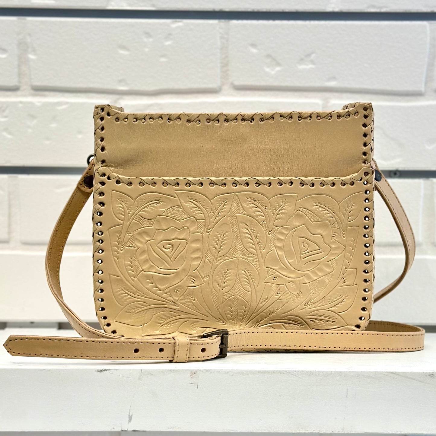 Lindita Hand-Tooled Leather Small Crossbody - Beige