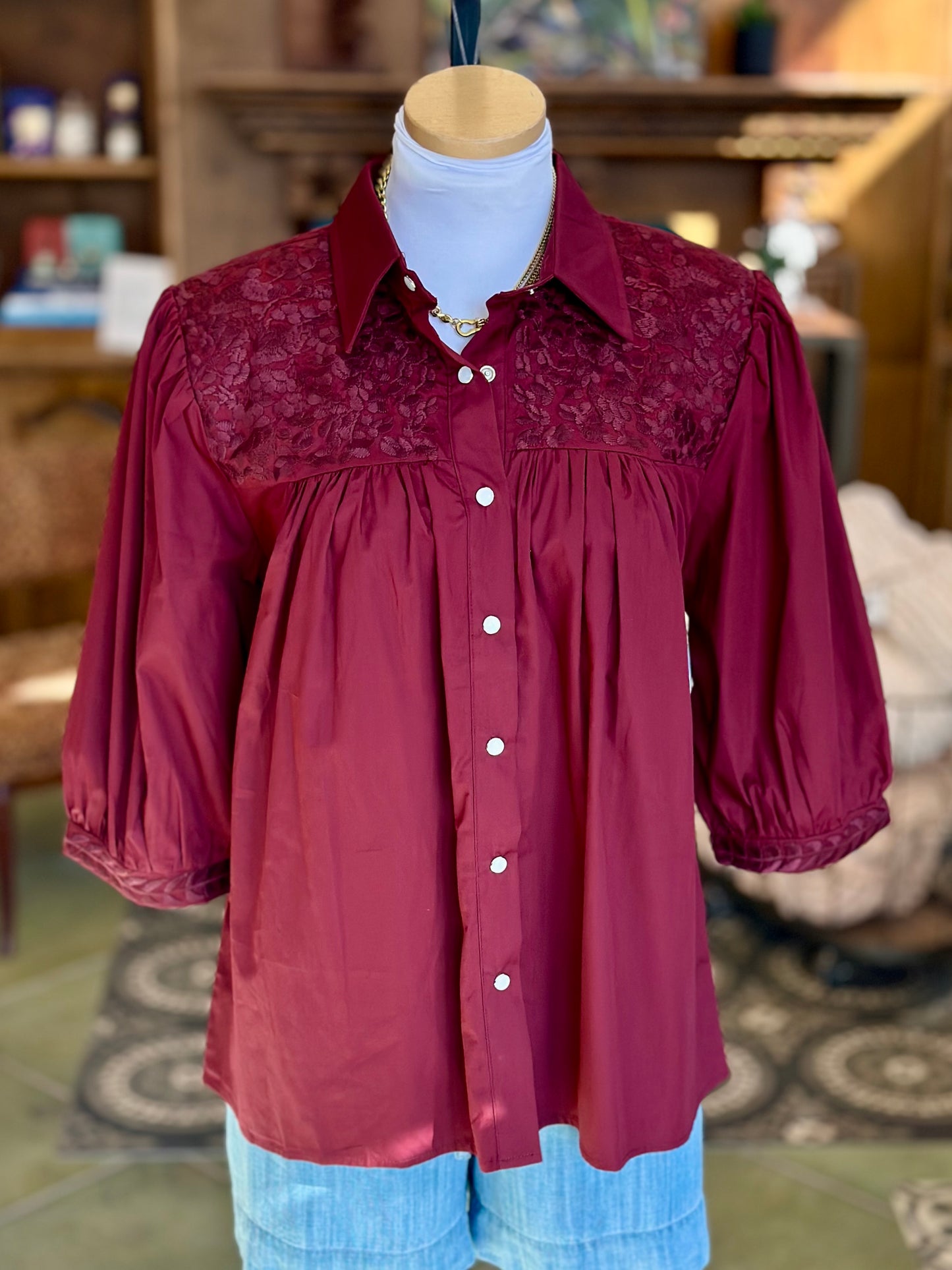 Double Cowgirl Blouse - Maroon Embroidery Tops Spirit Dress