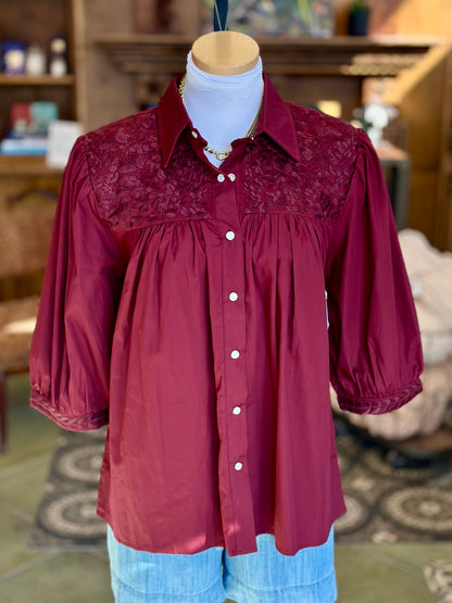Double Cowgirl Blouse - Maroon Embroidery Tops Spirit Dress