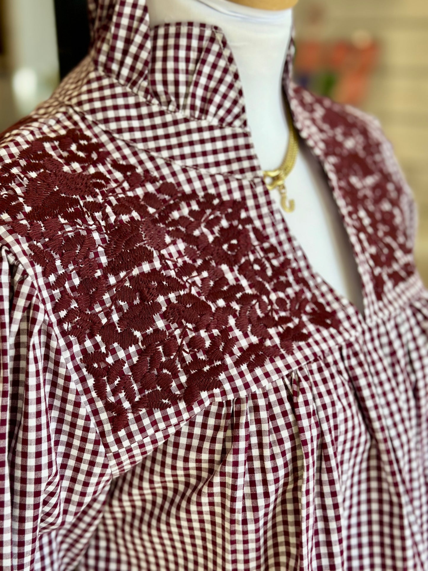 Maroon Gingham Tailgater Blouse Embroidery Tops Spirit Dress