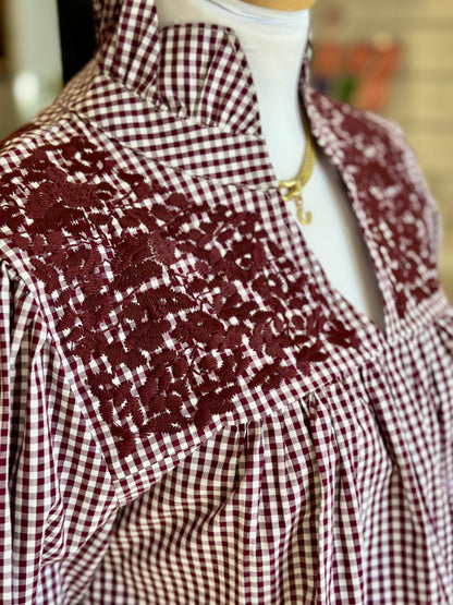 Maroon Gingham Tailgater Blouse Embroidery Tops Spirit Dress