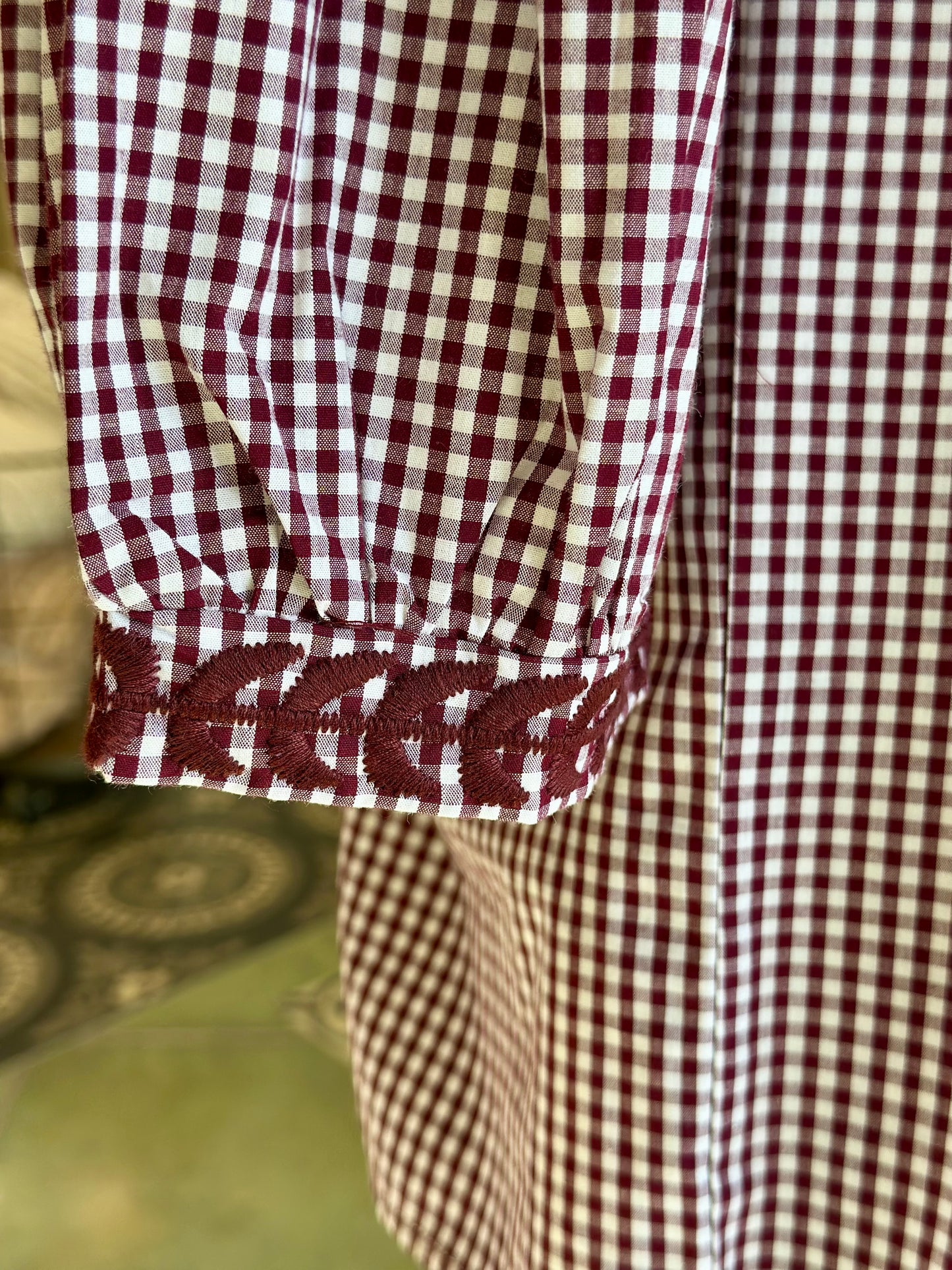 Maroon Gingham Tailgater Blouse Embroidery Tops Spirit Dress