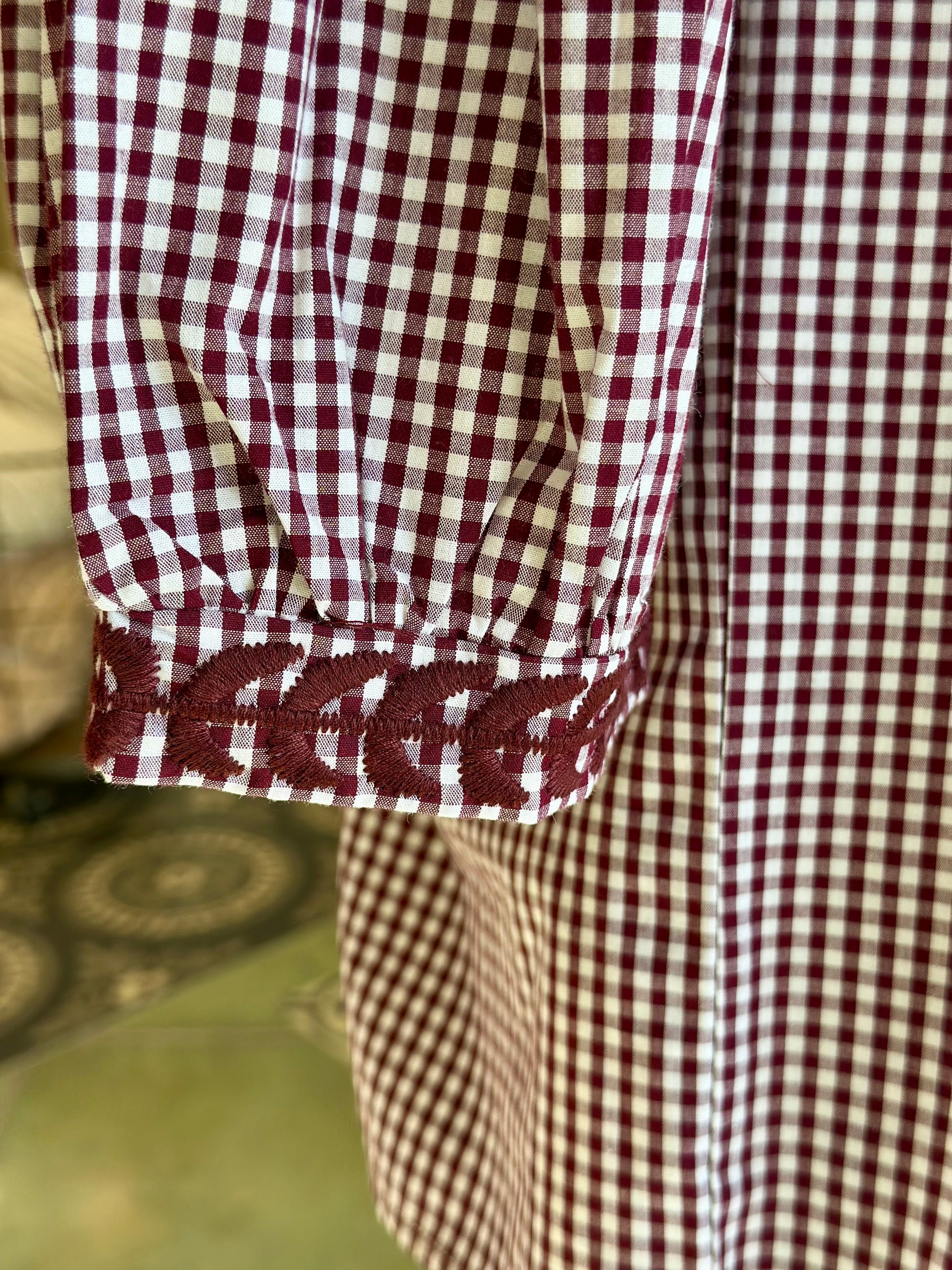 Maroon Gingham Tailgater Blouse Embroidery Tops Spirit Dress
