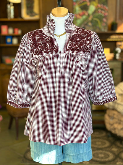 Maroon Gingham Tailgater Blouse Embroidery Tops Spirit Dress