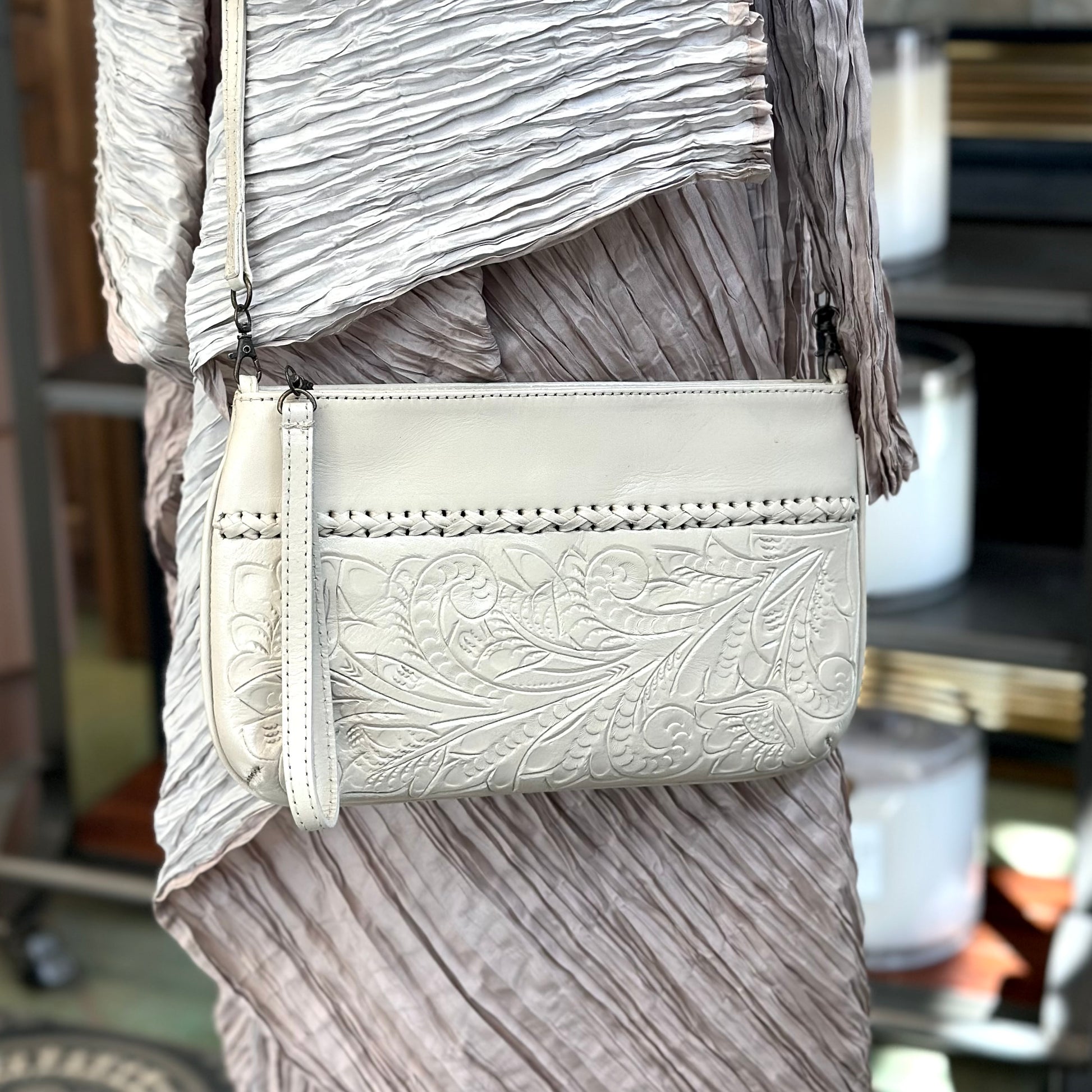 Daniela Hand-Tooled Leather Crossbody - Ivory Crossbodies Hide and Chic