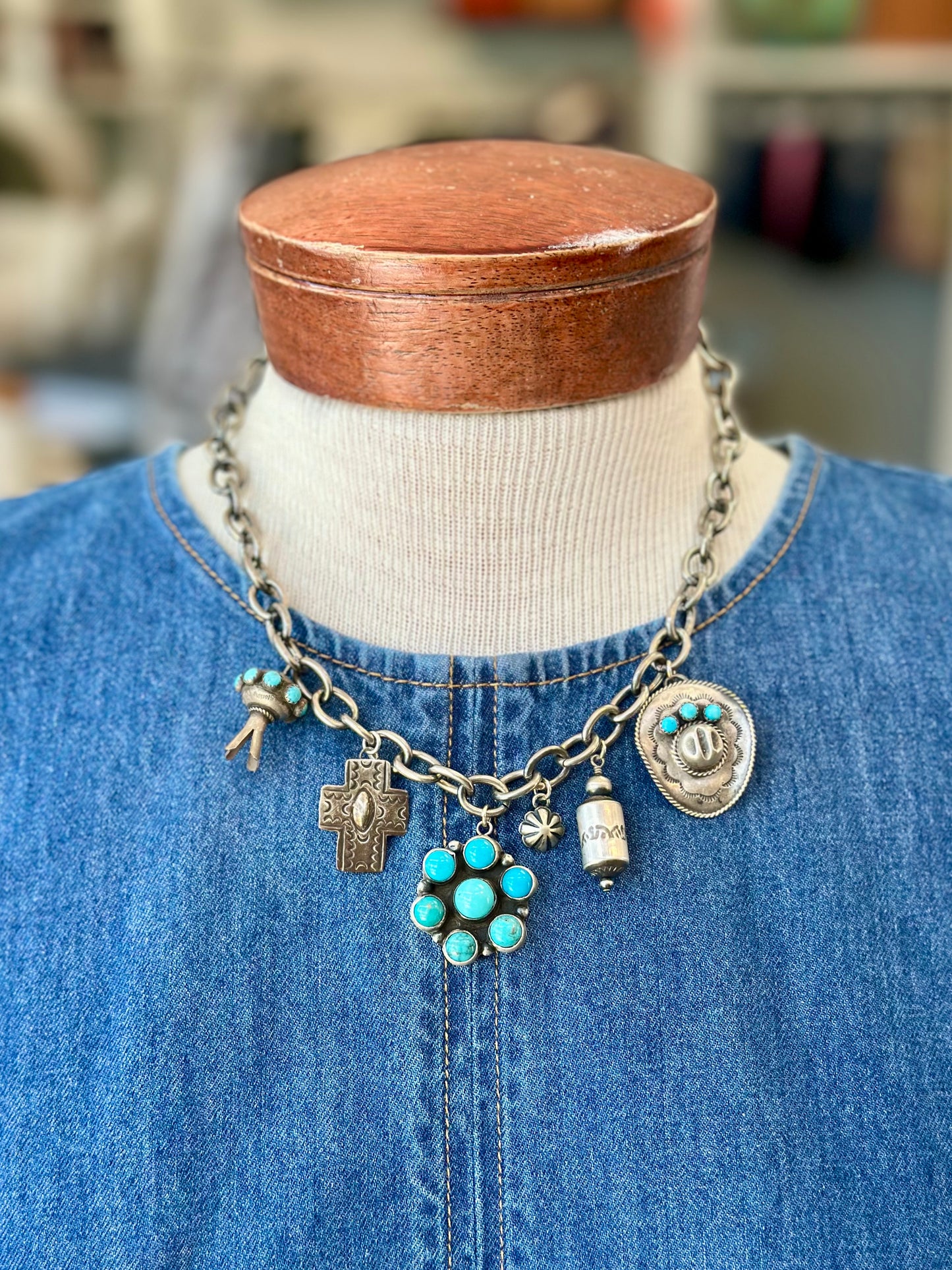 Turquoise and Sterling Chain Charm Necklace Creation #1