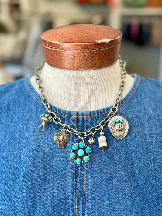 Turquoise and Sterling Chain Charm Necklace Creation #1