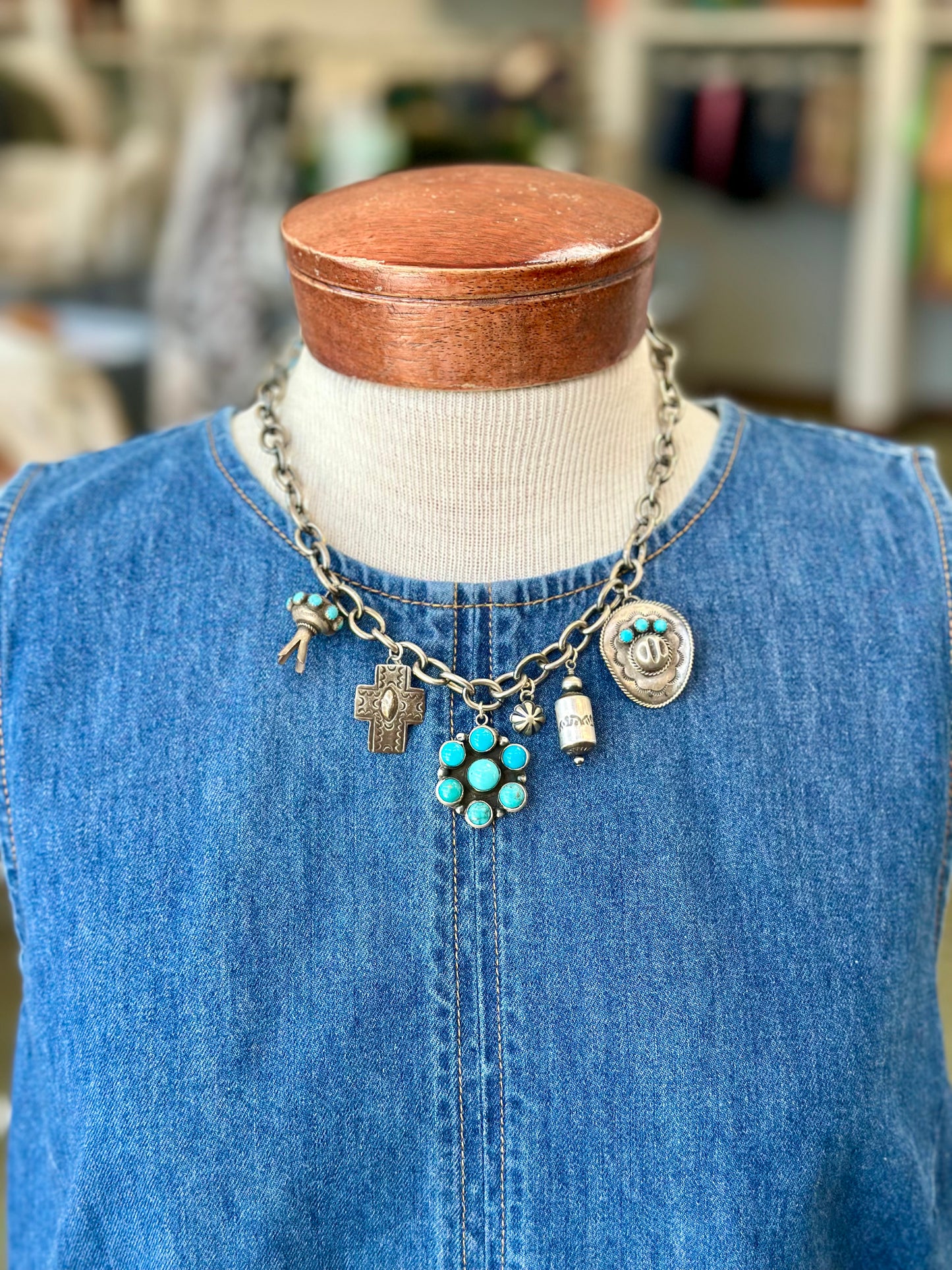 Turquoise and Sterling Chain Charm Necklace Creation #1