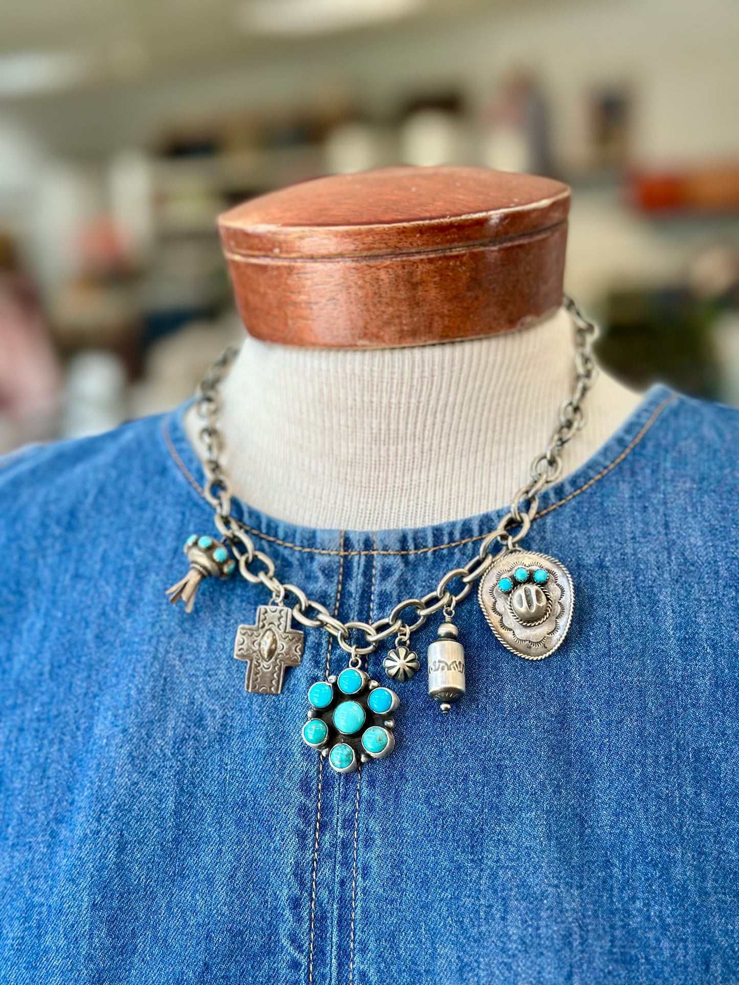 Turquoise and Sterling Chain Charm Necklace Creation #1
