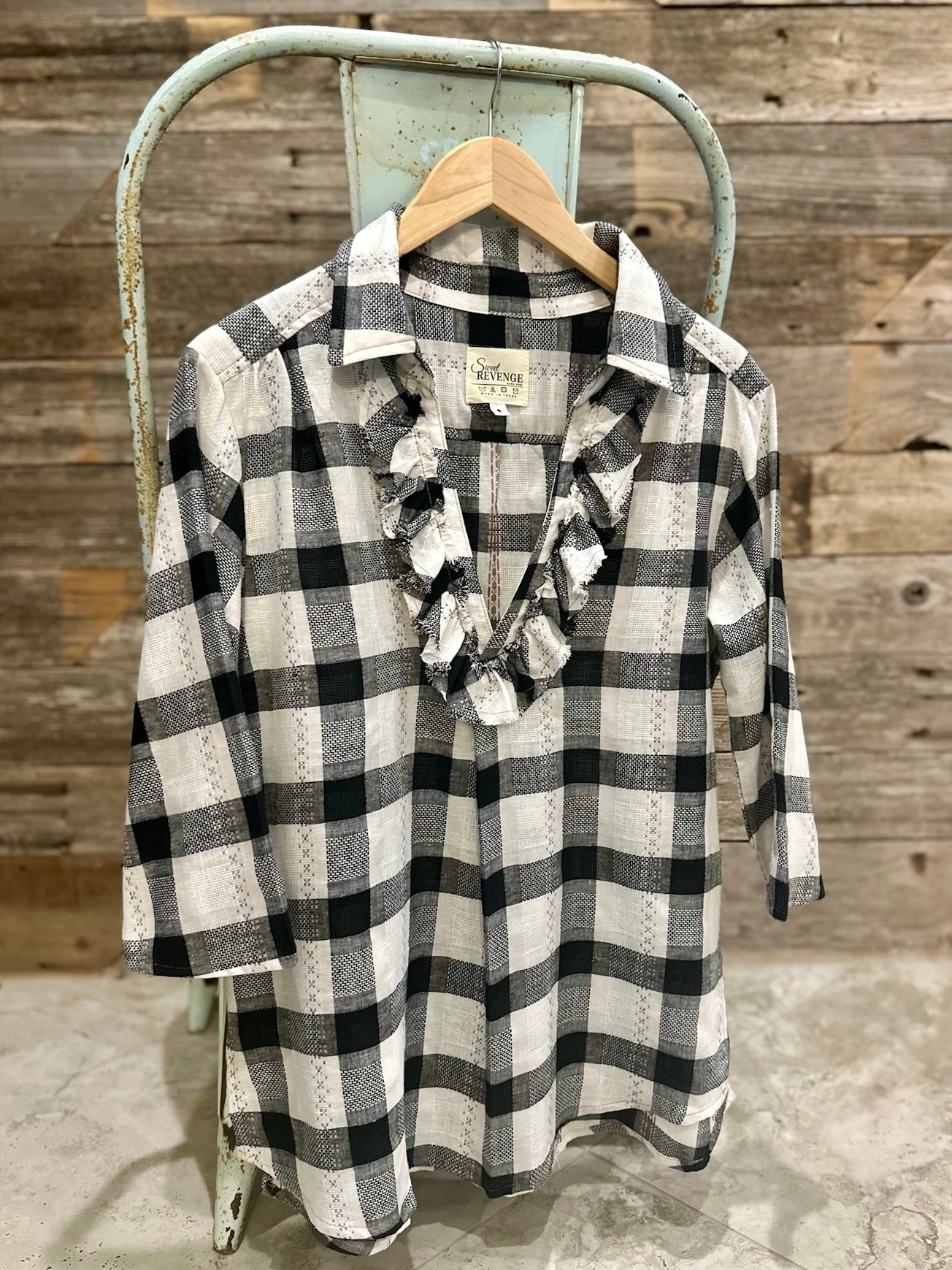 Ruffle Front Shirt - Black Plaid Top Sweet Revenge Rags   