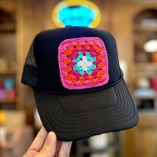 Granny Crochet Patch Trucker Hat - Black with Pink Trends & Traditions Boutique