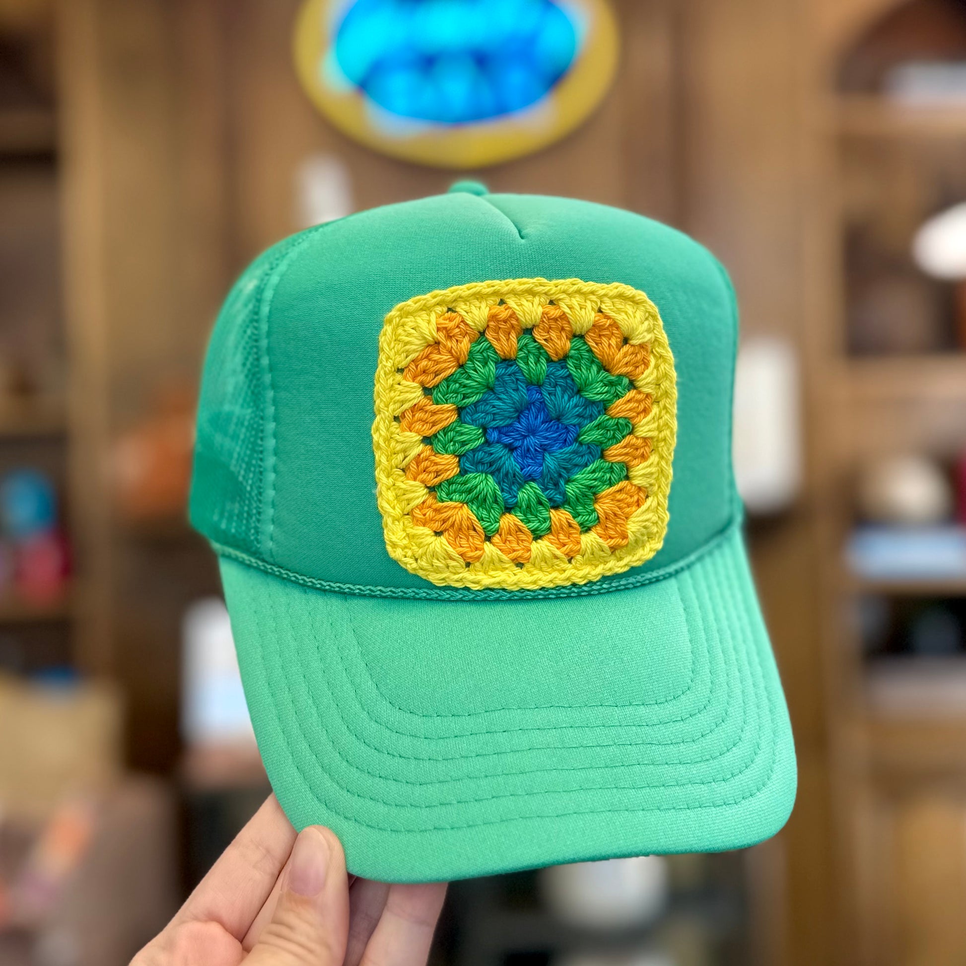 Square Crochet Patch Trucker Hat - Mint with Yellow Trends & Traditions Boutique