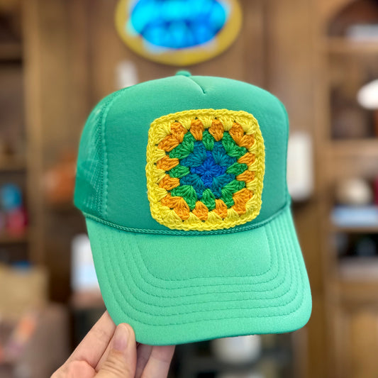 Granny Crochet Patch Trucker Hat - Mint with Yellow Trends & Traditions Boutique