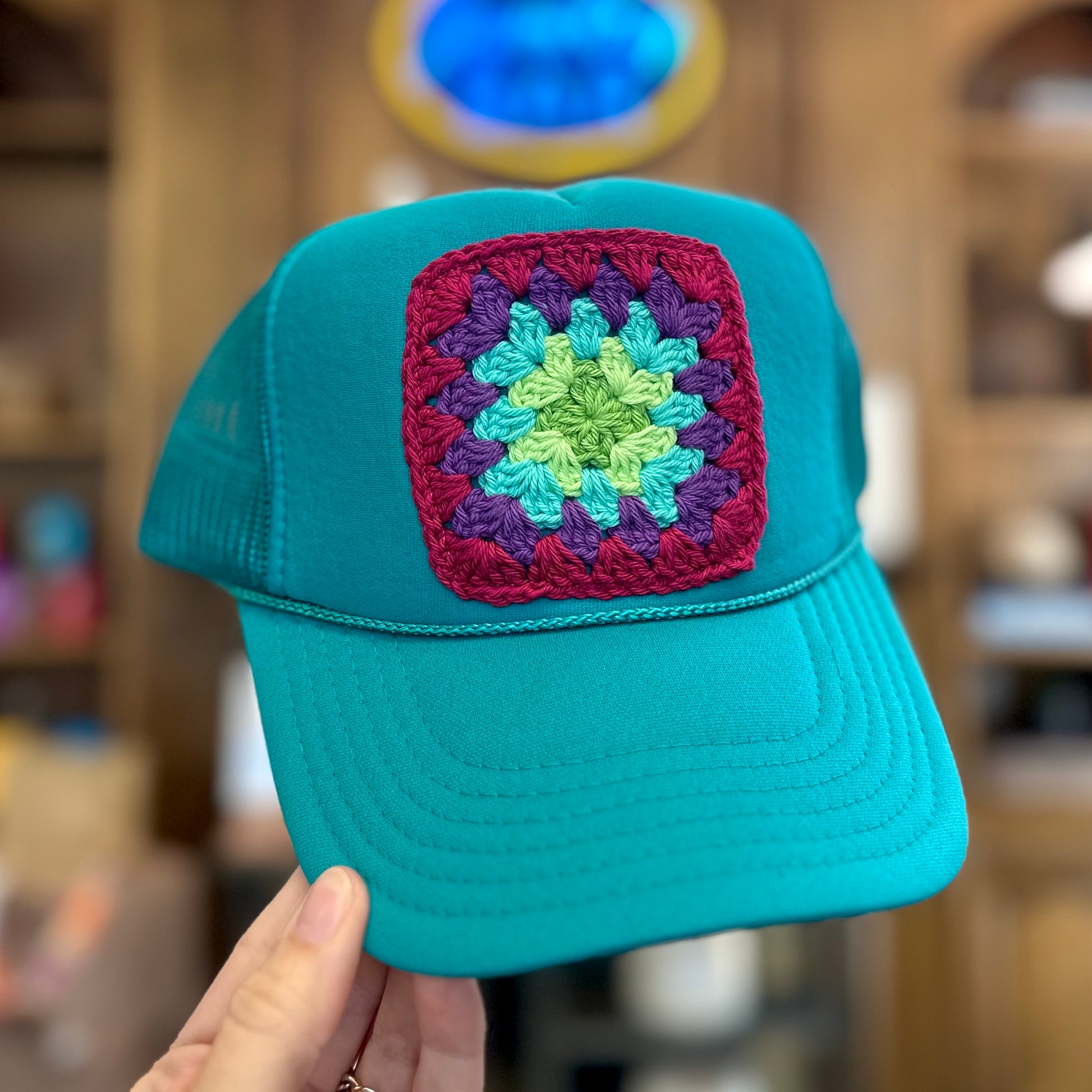 Square Crochet Patch Trucker Hat - Teal with Burgundy Trends & Traditions Boutique