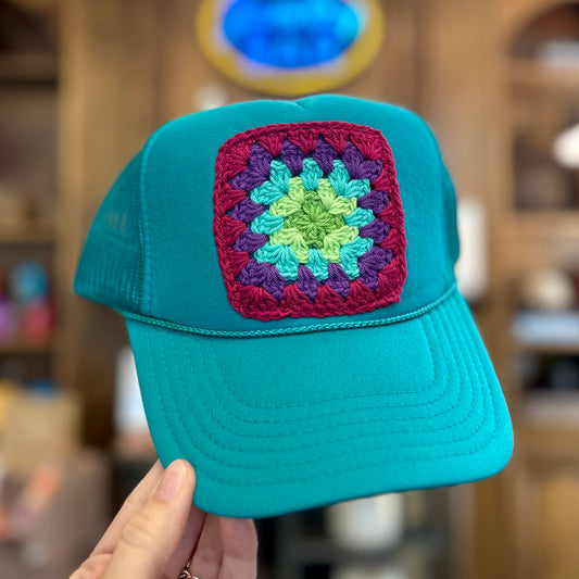 Granny Crochet Patch Trucker Hat - Teal with Burgundy Trends & Traditions Boutique