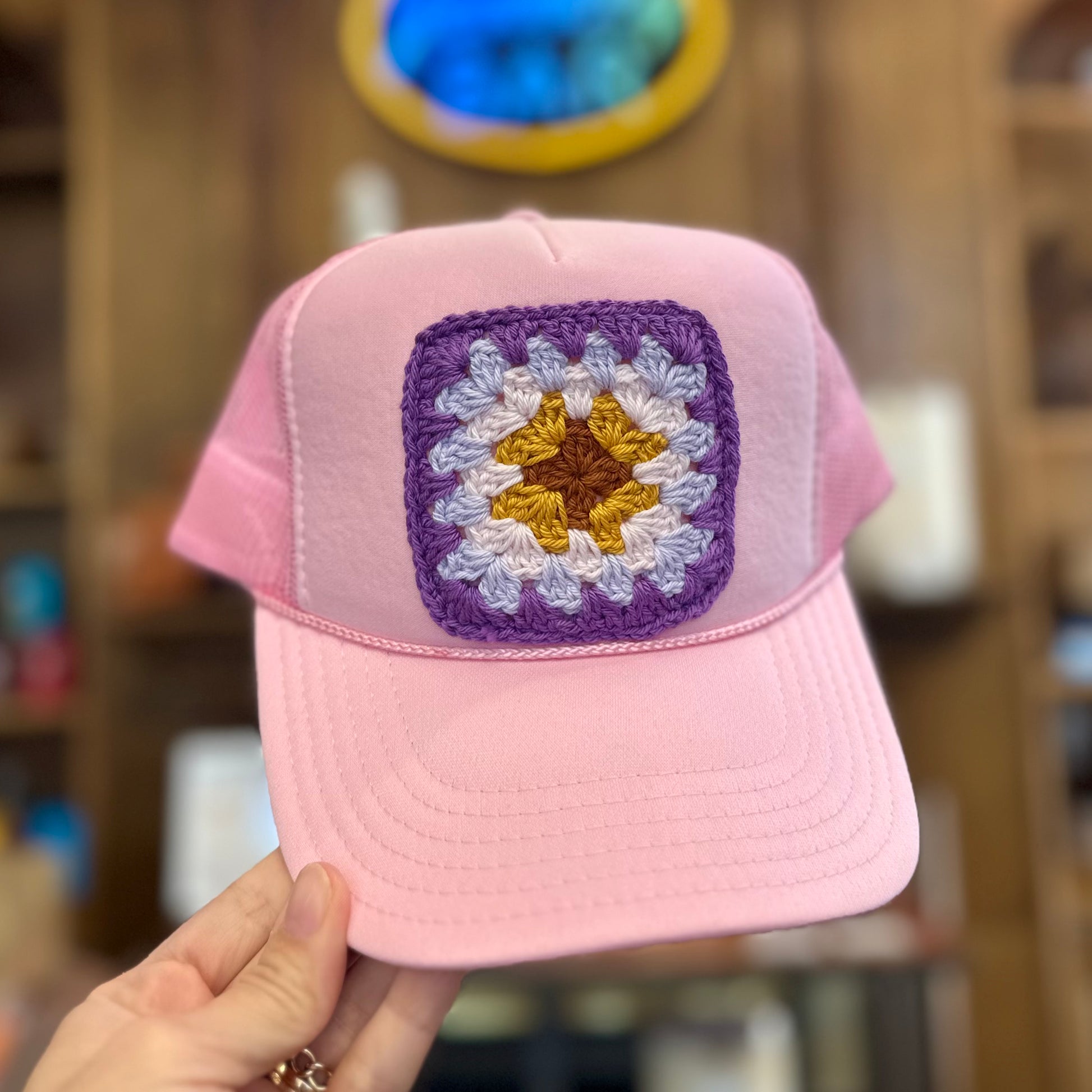 Square Crochet Patch Trucker Hat - Baby Pink with Purple Trends & Traditions Boutique
