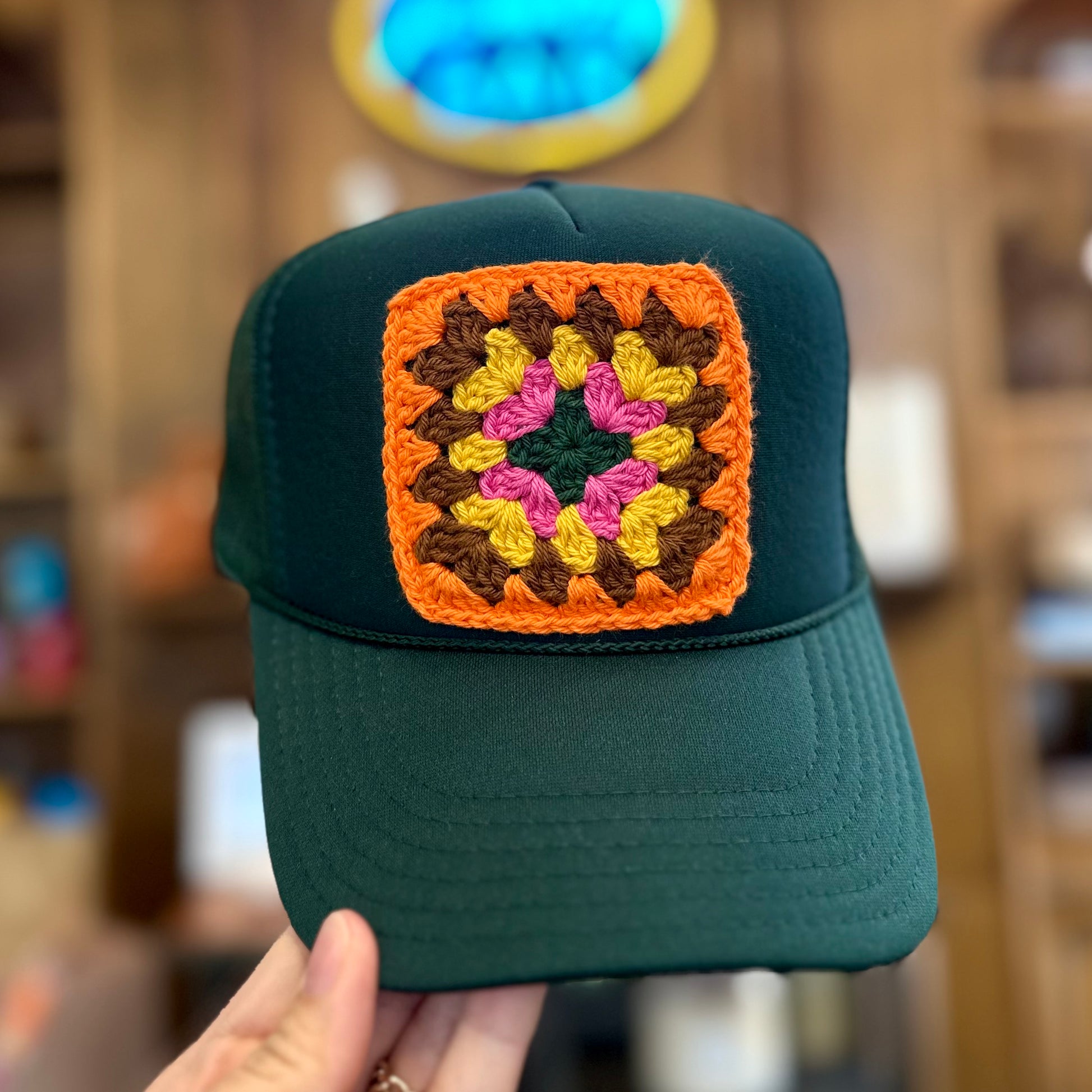 Square Crochet Patch Trucker Hat - Hunter Green with Orange Trends & Traditions Boutique
