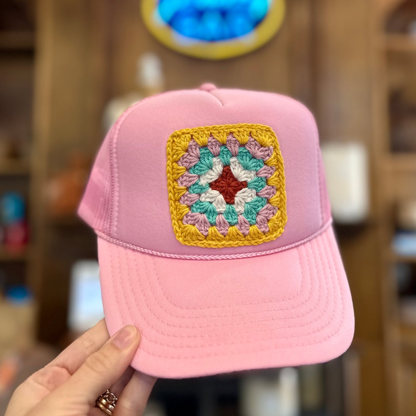 Square Crochet Patch Trucker Hat - Baby Pink with Yellow Trends & Traditions Boutique
