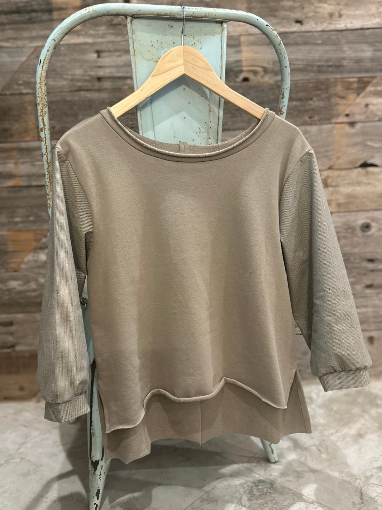 Knit Top with Puff Sleeve - Khaki/Tiny Stripe Top Sweet Revenge Rags   