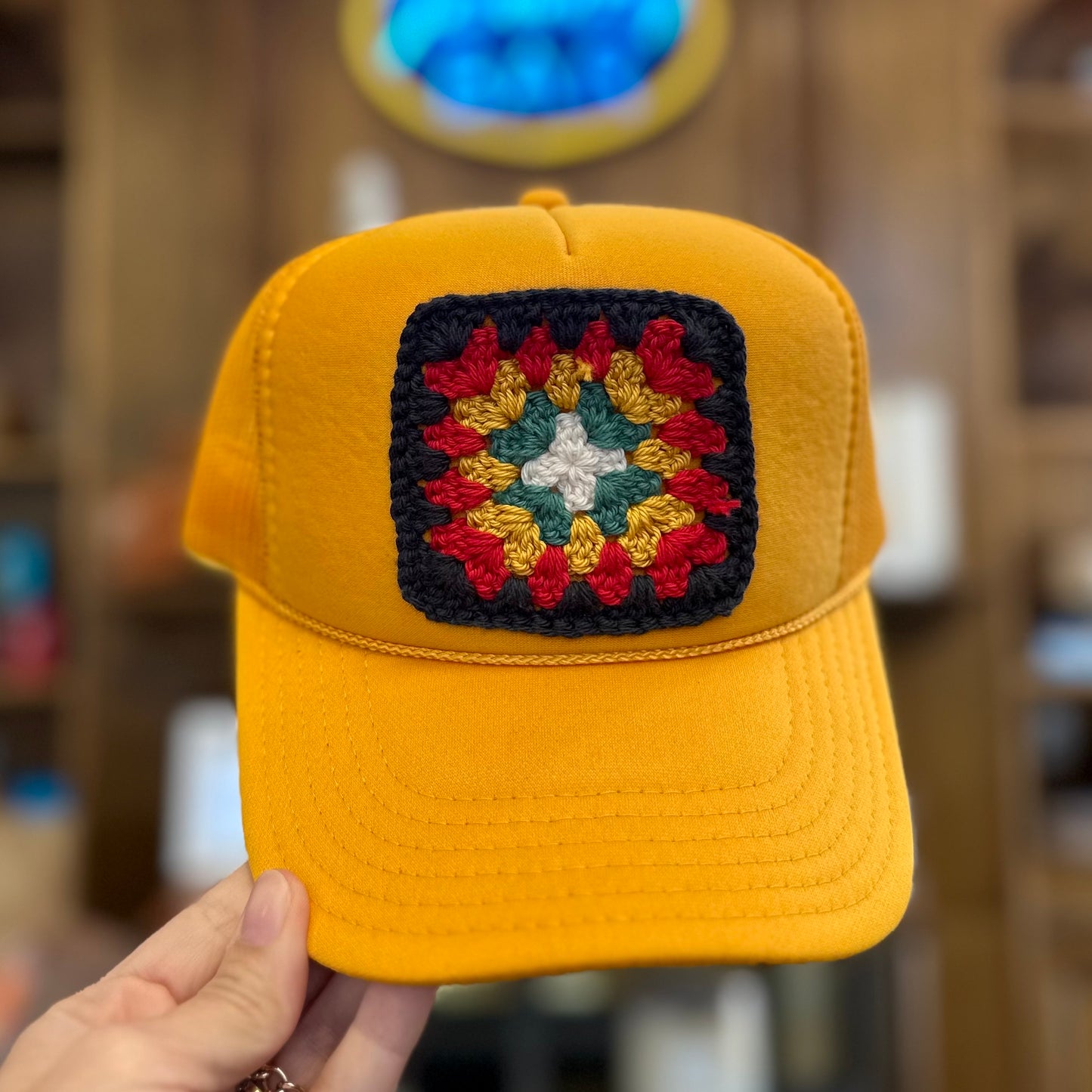 Square Crochet Patch Trucker Hat - Yellow with Black Trends & Traditions Boutique