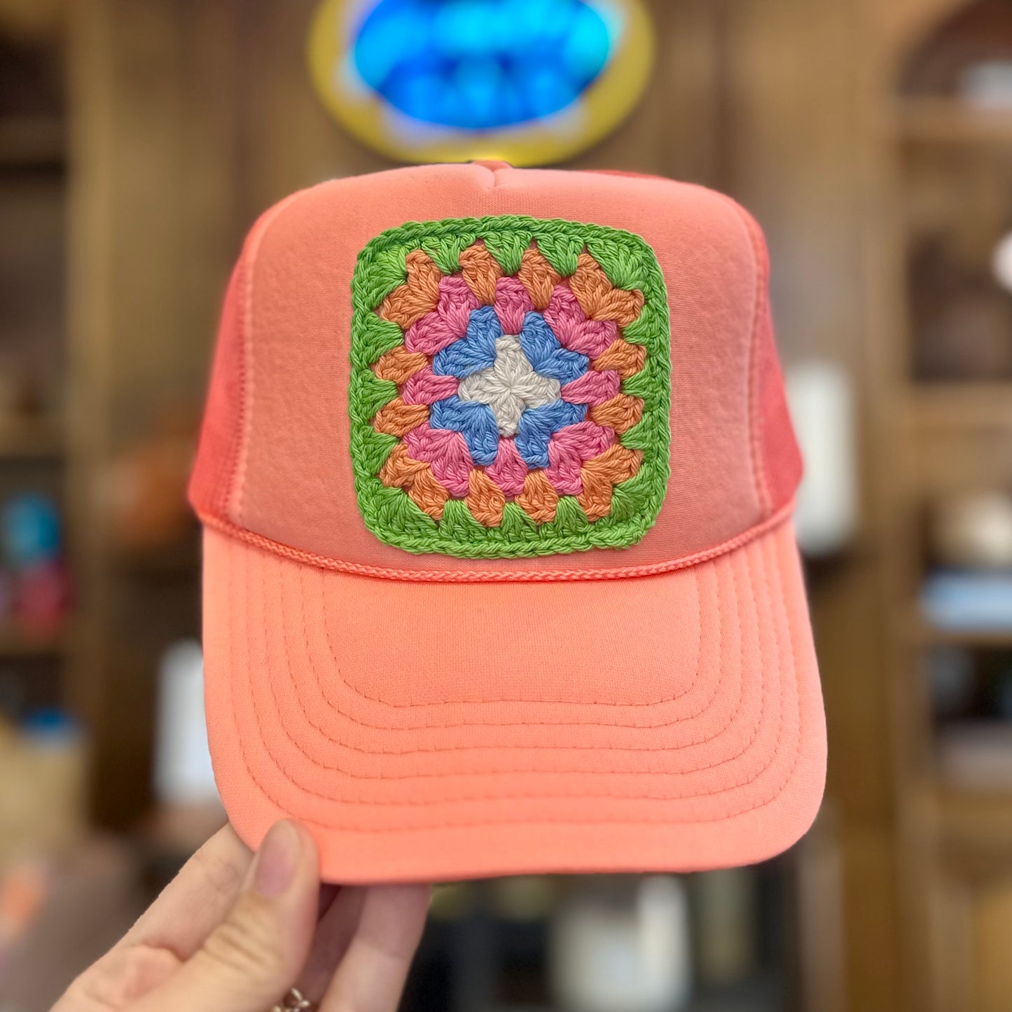 Granny Crochet Patch Trucker Hat - Peach with Green