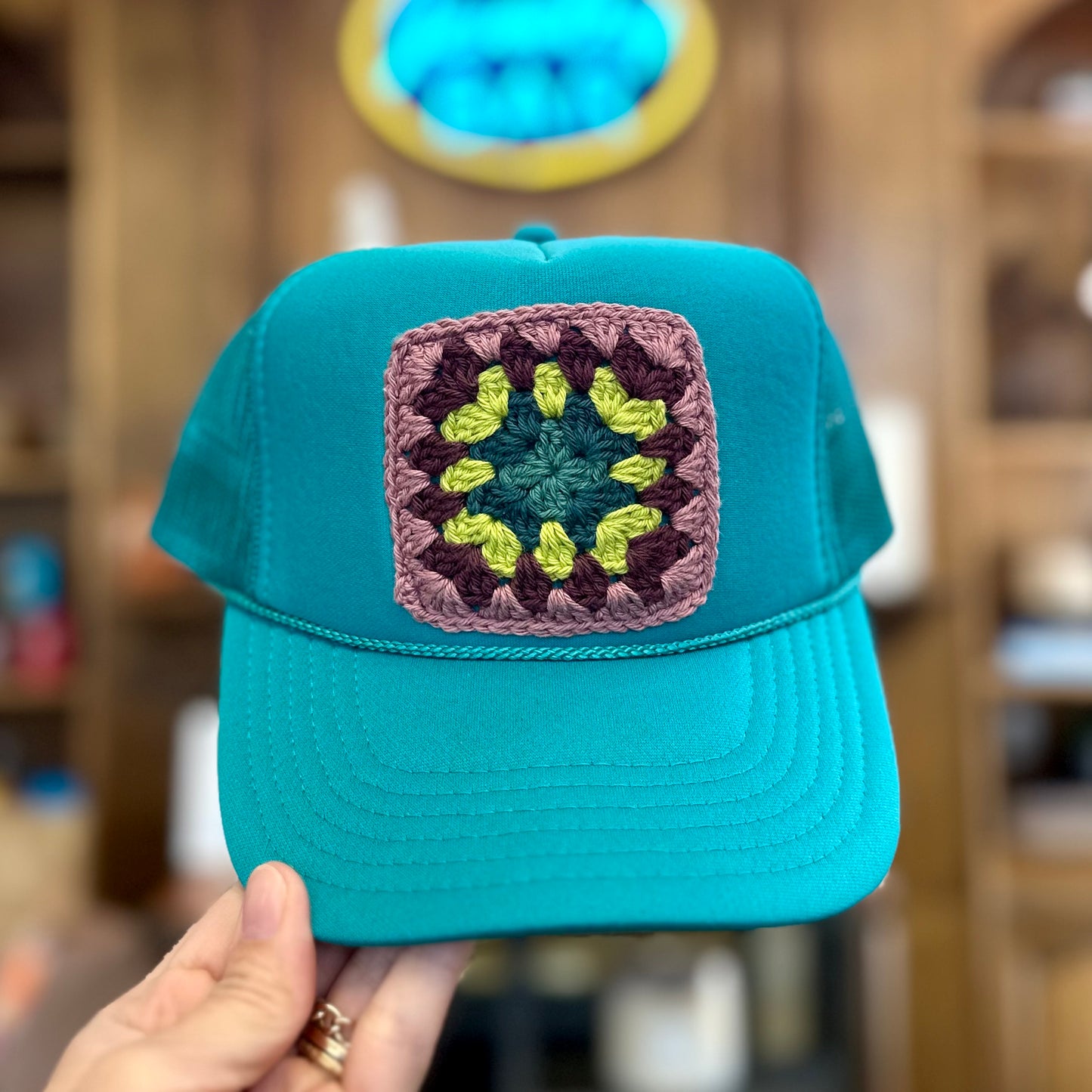 Granny Crochet Patch Trucker Hat - Teal with Lavender Purple