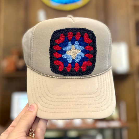 Granny Crochet Patch Trucker Hat - Khaki with Black Trends & Traditions Boutique