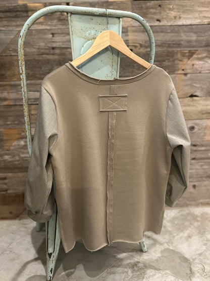 Knit Top with Puff Sleeve - Khaki/Tiny Stripe Top Sweet Revenge Rags   