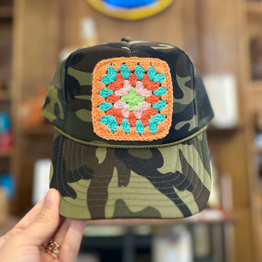 Granny Crochet Patch Trucker Hat - Camo with Peach Trends & Traditions Boutique