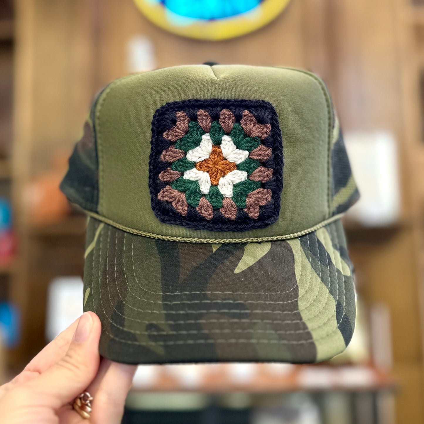 Granny Crochet Patch Trucker Hat - Dark Camo with Black