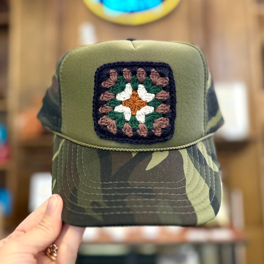 Granny Crochet Patch Trucker Hat - Dark Camo with Black Trends & Traditions Boutique