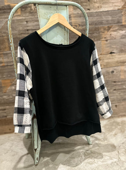 Knit Top with Puff Sleeve - Black Plaid Top Sweet Revenge Rags   