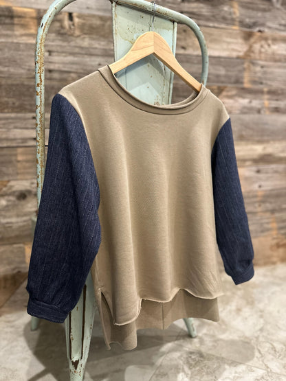 Knit Top with Puff Sleeve - Khaki/Denim Top Sweet Revenge Rags   