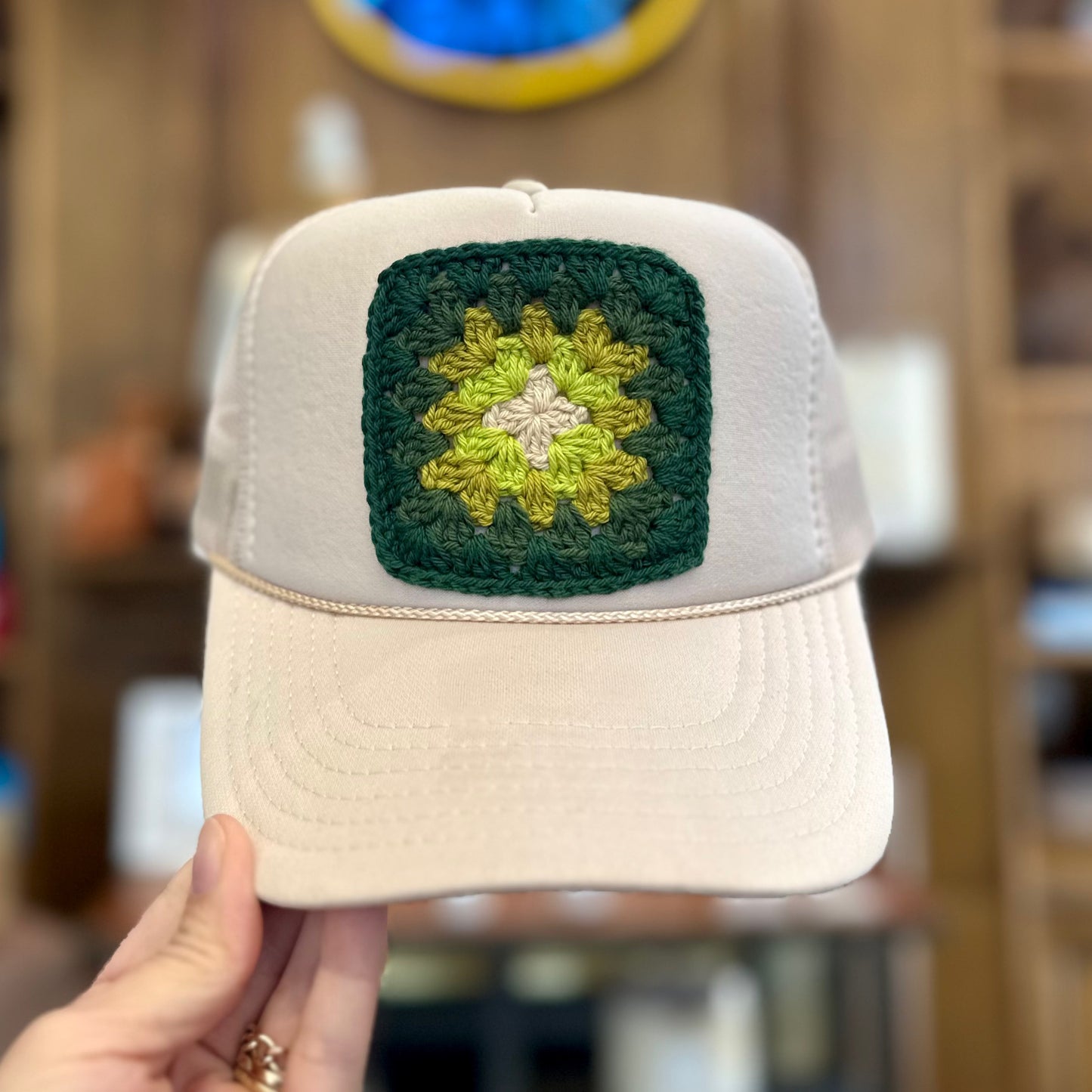 Granny Crochet Patch Trucker Hat - Tan with Green