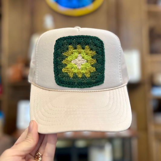 Granny Crochet Patch Trucker Hat - Tan with Green Trends & Traditions Boutique