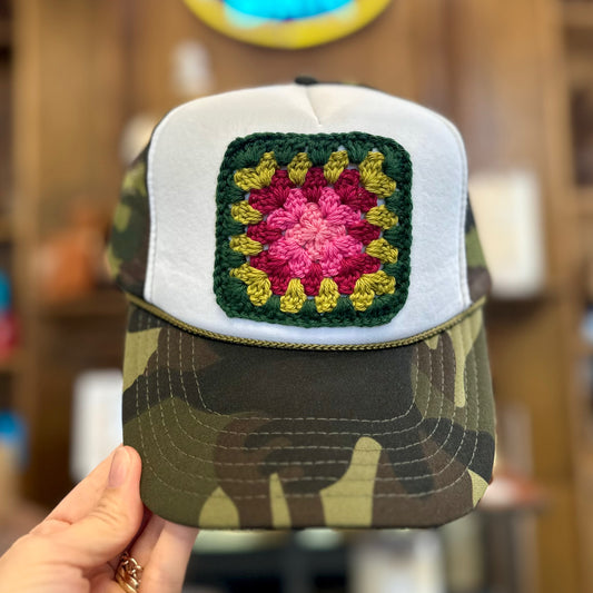 Granny Crochet Patch Trucker Hat - White Camo with Hunter Green Trends & Traditions Boutique