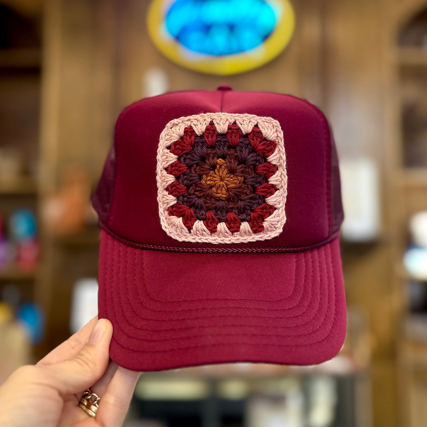 Granny Crochet Patch Trucker Hat - Maroon with Baby Pink Trends & Traditions Boutique