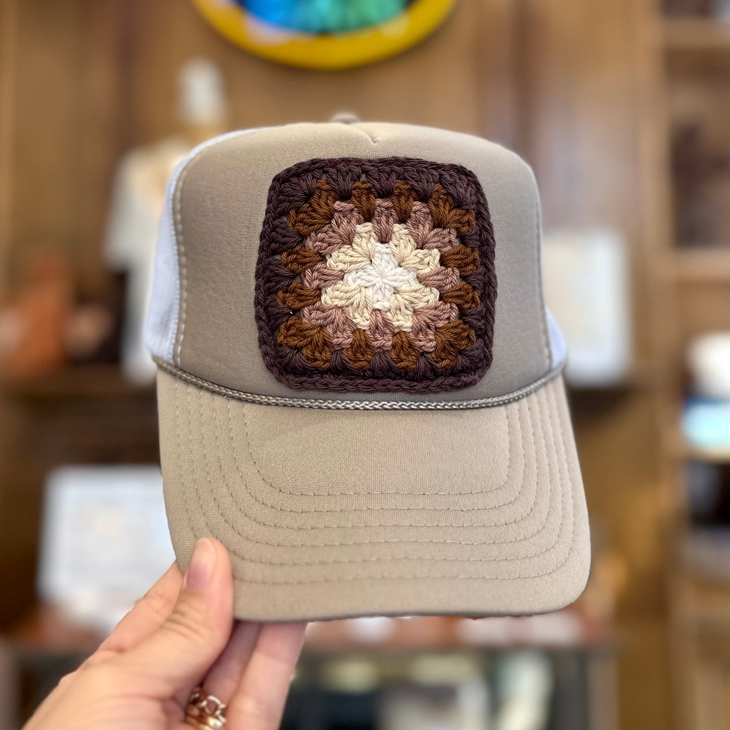Granny Crochet Patch Trucker Hat - Dark Tan & White with Dark Brown Trends & Traditions Boutique