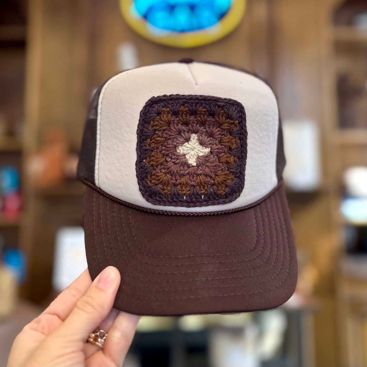 Granny Crochet Patch Trucker Hat - White & Brown with Dark Brown Trends & Traditions Boutique