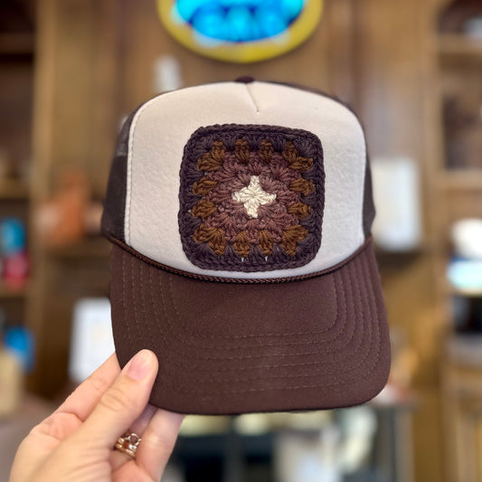 Granny Crochet Patch Trucker Hat - White & Brown with Dark Brown Trends & Traditions Boutique