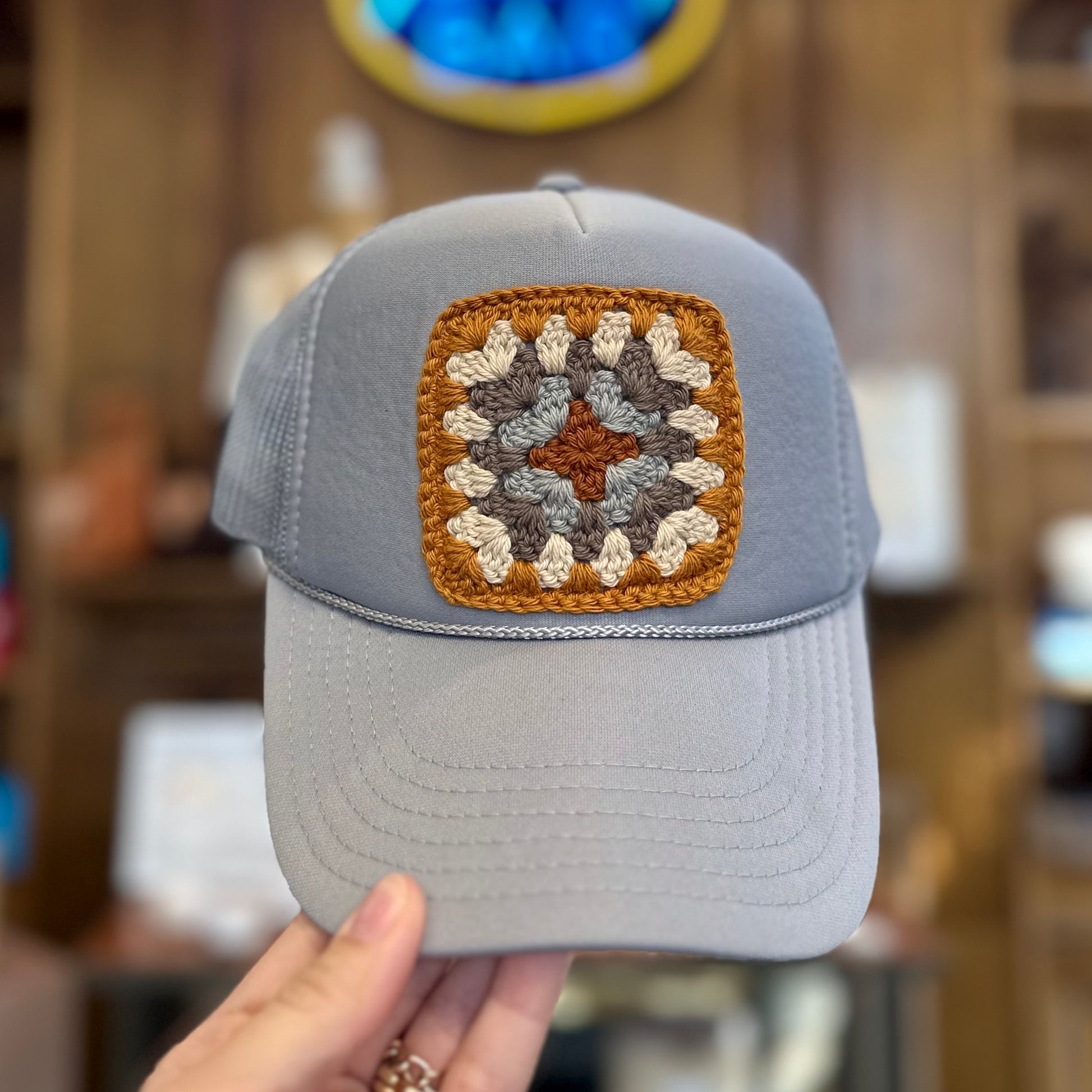 Granny Crochet Patch Trucker Hat - Silver Gray with Cider Orange Trends & Traditions Boutique