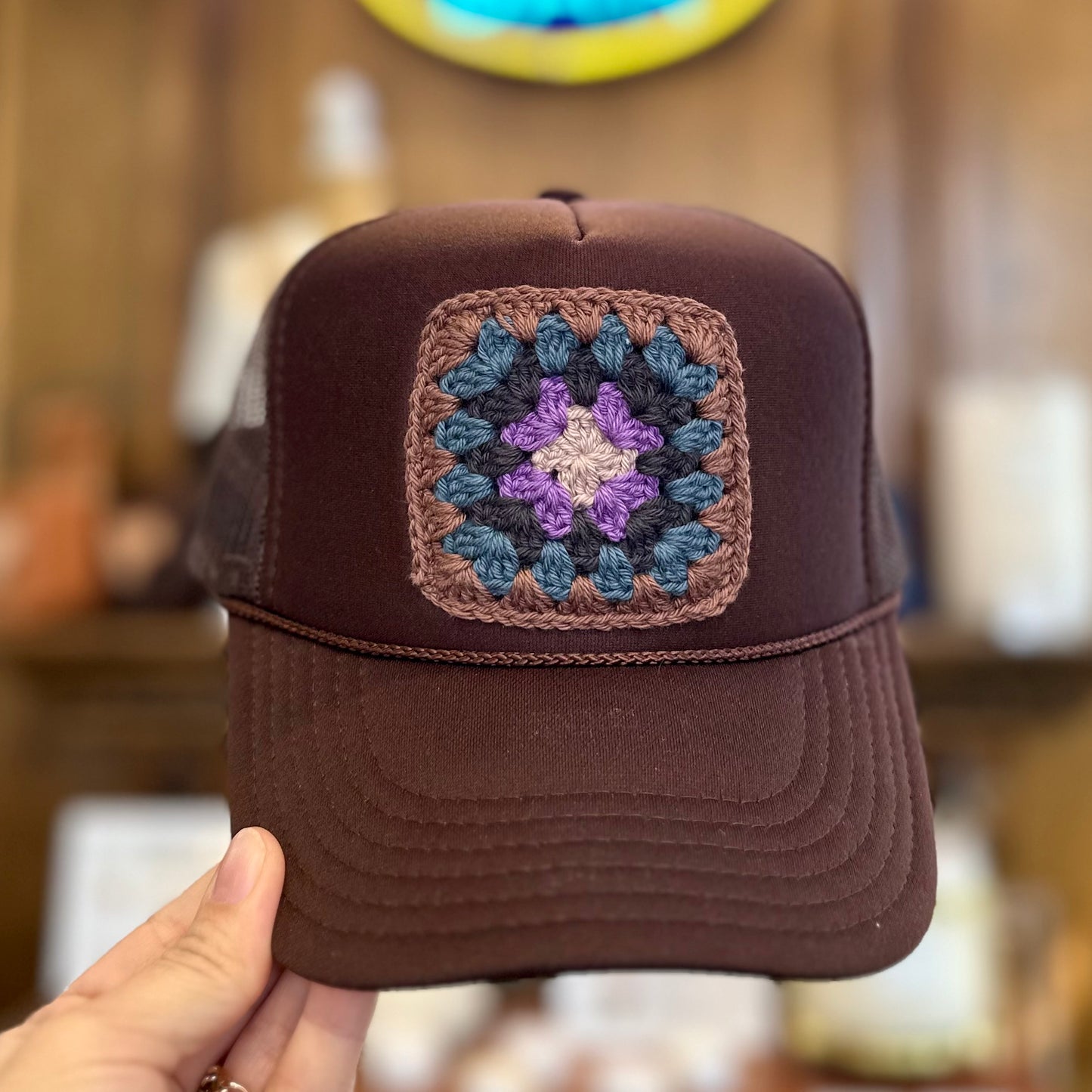 Granny Crochet Patch Trucker Hat - Brown with Mauve Trends & Traditions Boutique