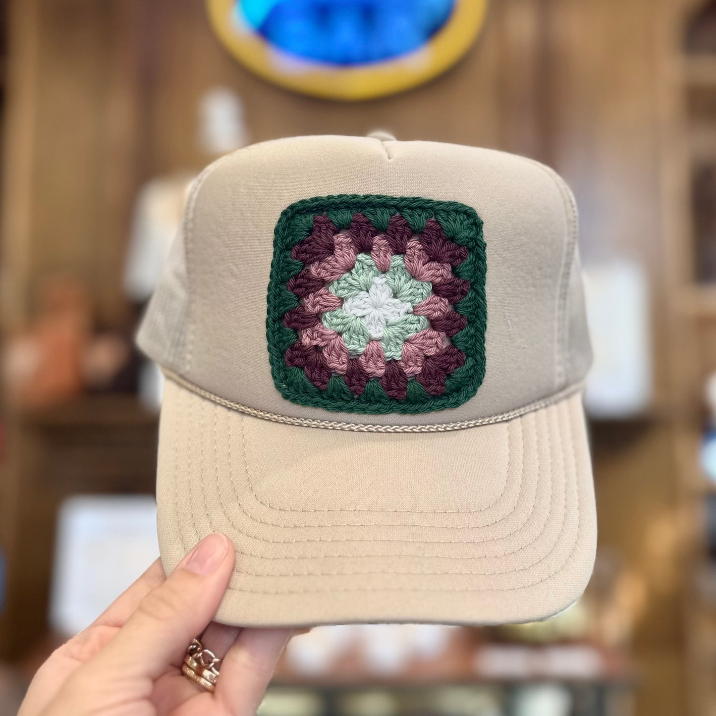 Granny Crochet Patch Trucker Hat - Khaki with Hunter Green Trends & Traditions Boutique